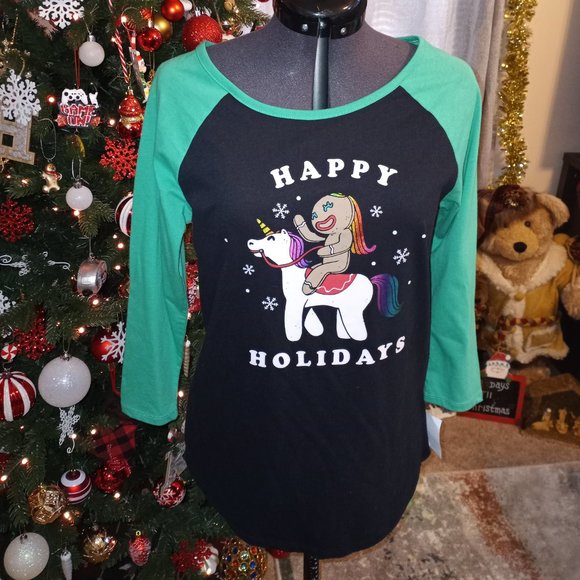 Christmas Happy Holidays Gingerbread Girl Unicorn T-Shirt (Size: Medium) - Picture 1 of 8